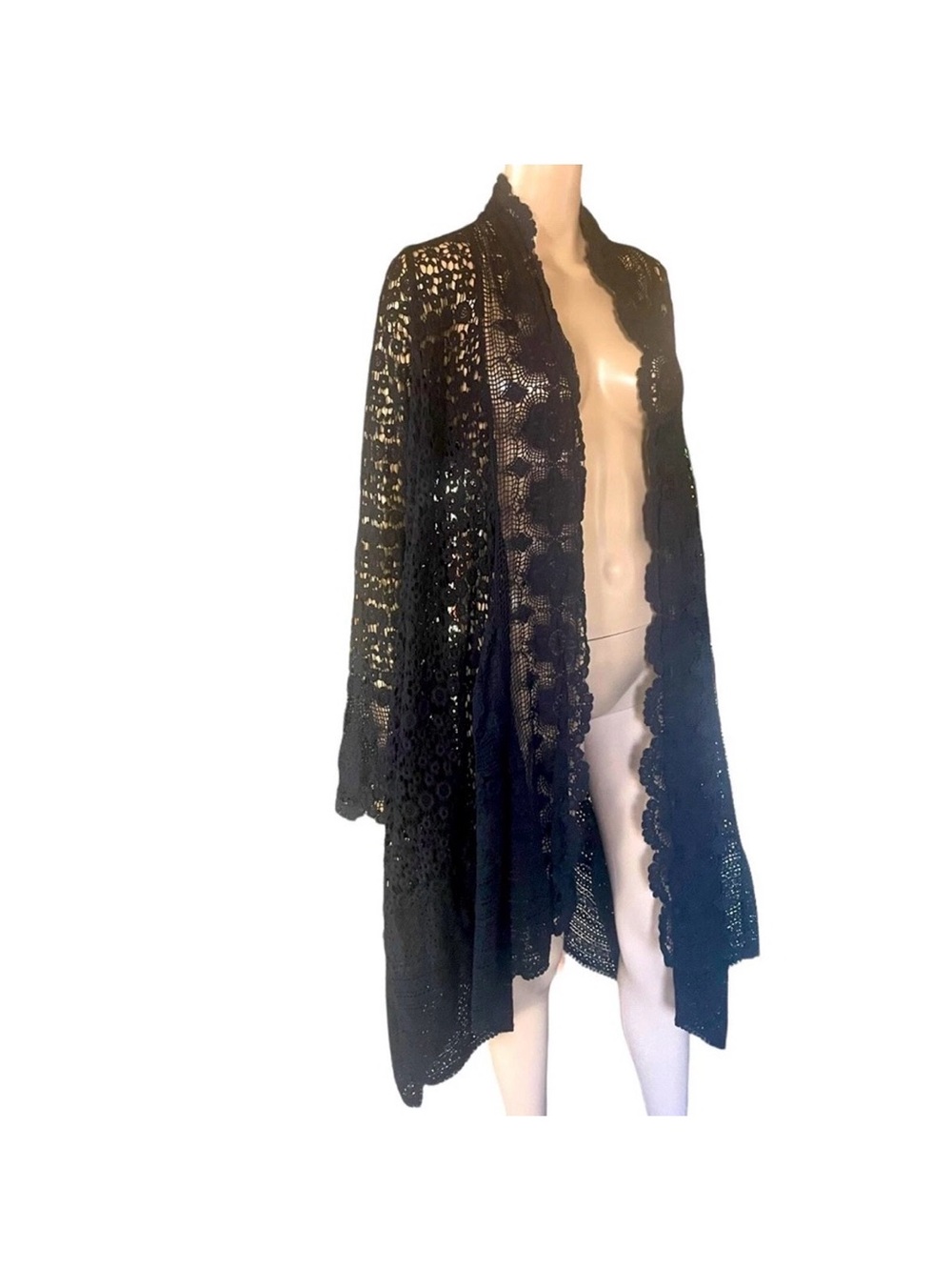 Johnny Was Boho Black Cotton Crochet Open-Front Lace Cardigan S